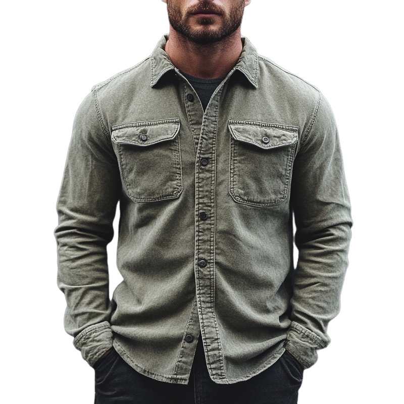 Men's Retro Washed Cotton Collared Long-Sleeve Shirt MTA0133L5X