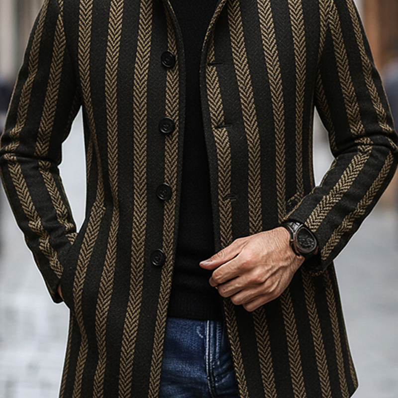 Men's Blended Stand-up Collar Striped Printed Button Mid-length Coat MTA0100K5X
