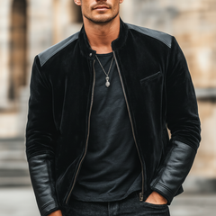 Men's Urban Black Velvet Patchwork PU Leather Zip-Up Jacket MTA1544K5U