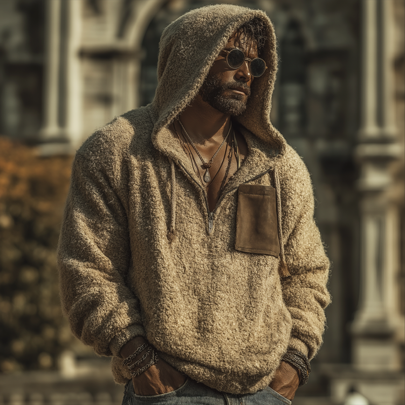 Men's Urban Warm Khaki Fleece Zipper Collar Hoodie MTA2014K8U