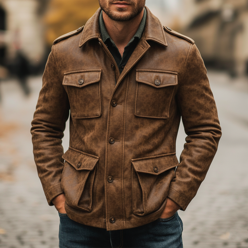 Men's Vintage Distressed PU Leather Button Jacket MTA1227K4U