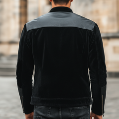 Men's Urban Black Velvet Patchwork PU Leather Zip-Up Jacket MTA1544K5U