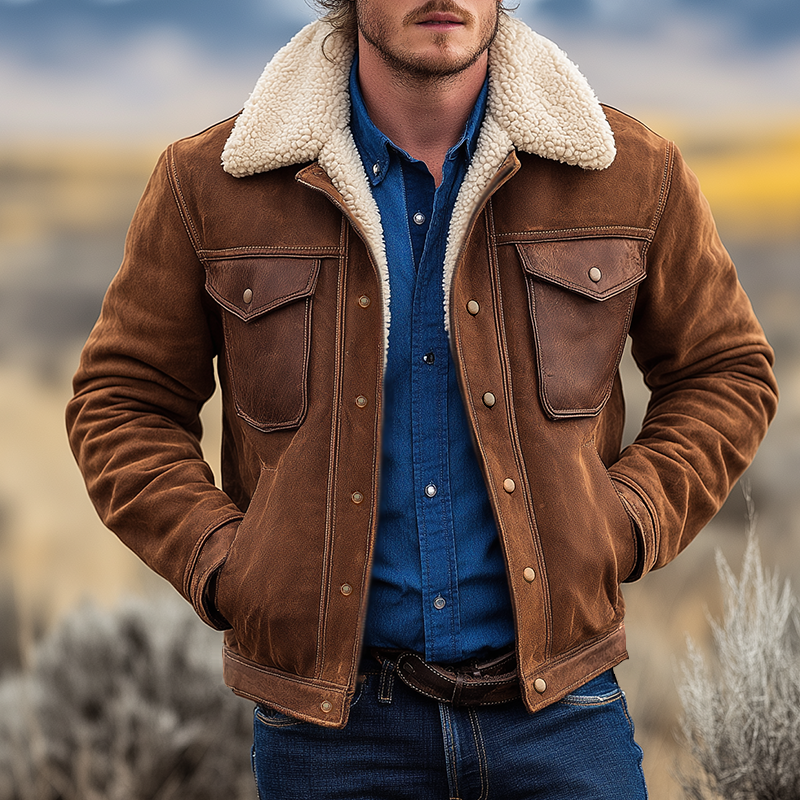 Men's Retro Casual Faux Suede Patchwork PU Fur Collar Jacket MTA3141J3TO