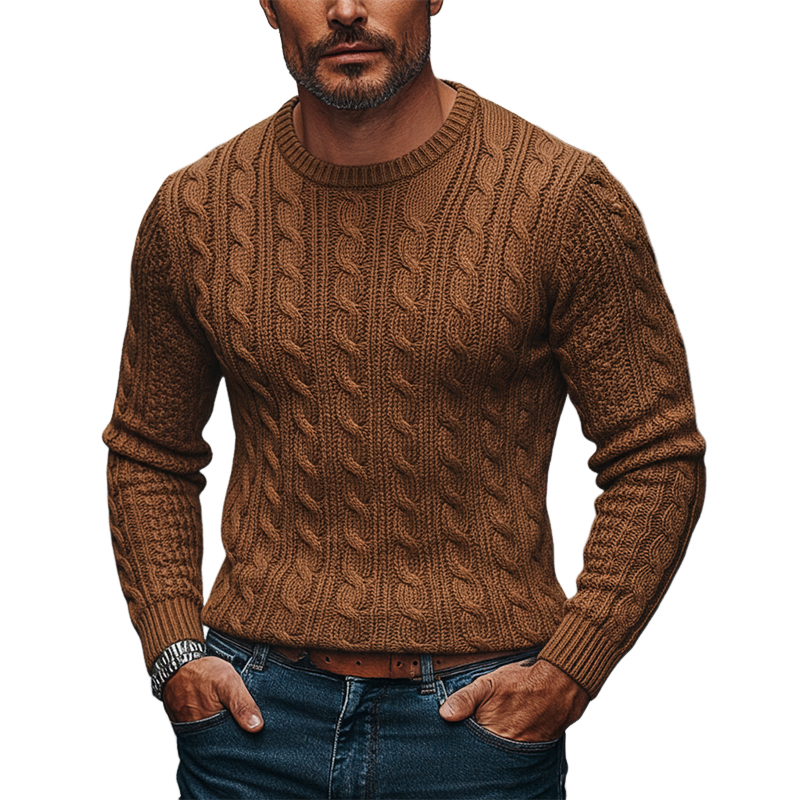 Men's Solid Color Crew Neck Knit Cable Knit Textured Pullover Sweater MTA0137K2X