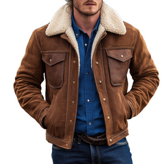 Men's Retro Casual Faux Suede Patchwork PU Fur Collar Jacket MTA3141J3TO