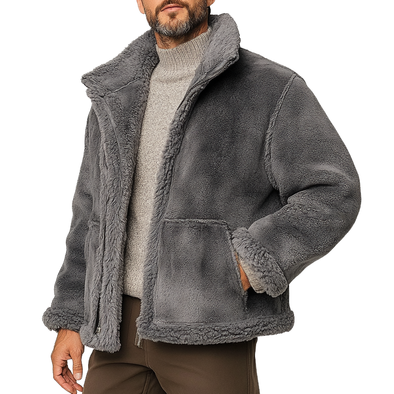 Men's Retro Western Cowboy Style Solid Color Fleece Collar Jacket MTA1591K3X