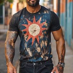 Men's Retro Casual Sun Printed Round Neck Short Sleeve T-Shirt MTA1513D0TO