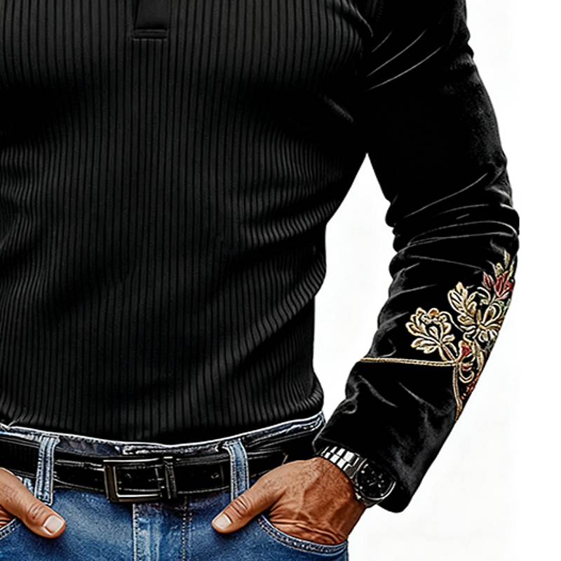 Men's Velvet Embroidered Collared Knit Long-Sleeve Polo Shirt MTA2160K6X