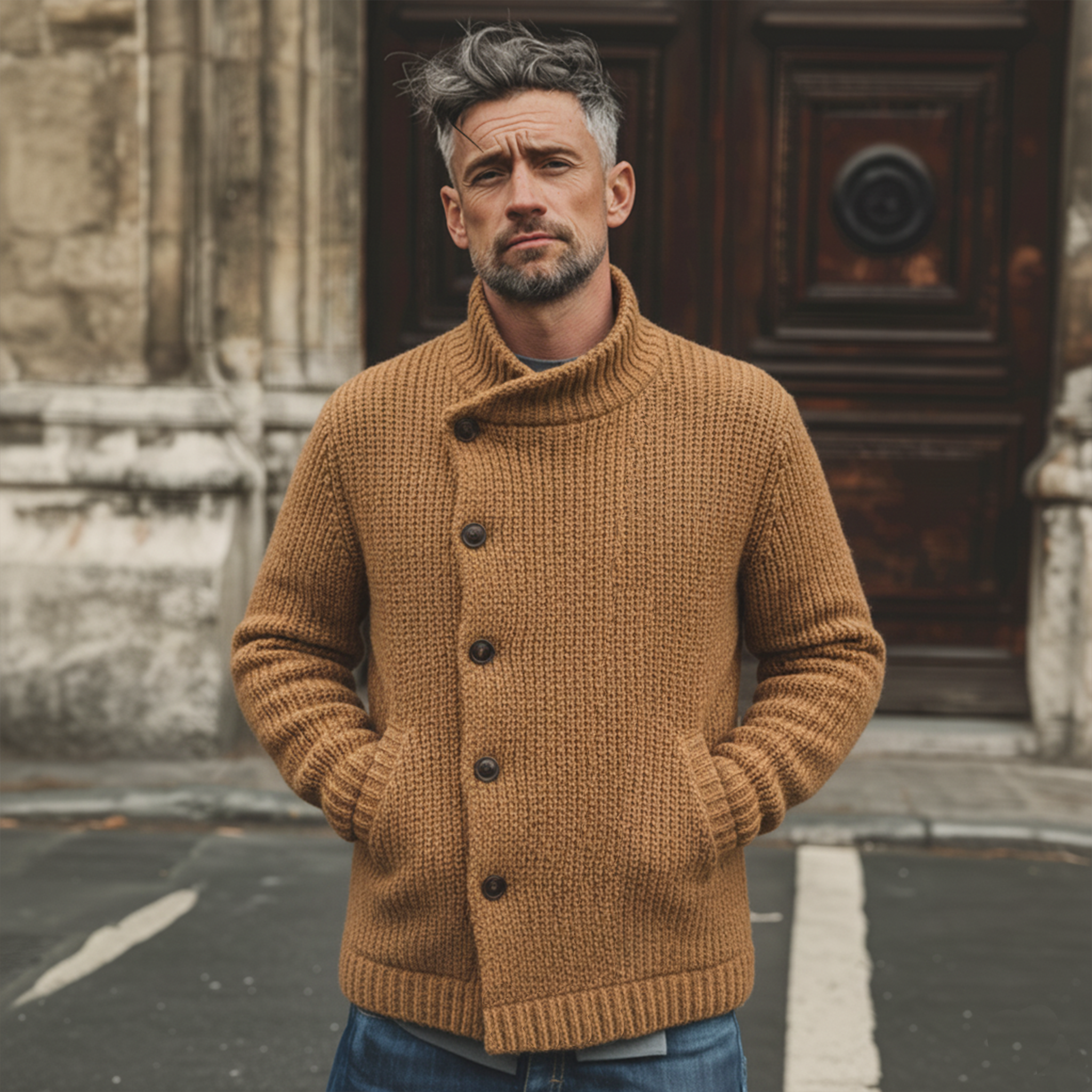 Men's Classic Stand-up Collar Slanted Placket Button-down Cardigan MTA0450L0K