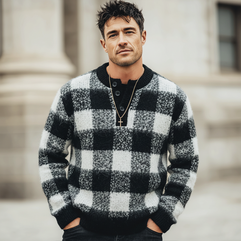 Men's Urban Three-Button Henley Collar Checkered Knit Sweater MTA1496K7U