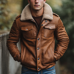 Men's Retro Fleece Collar Patchwork PU Leather Jacket MTA0710K6X