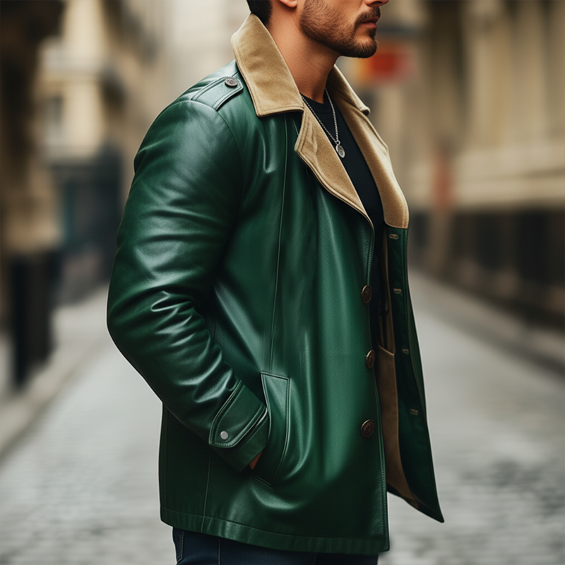 Men's Retro Color-Blocked Collar Green PU Leather Short Coat MTA1425K7U