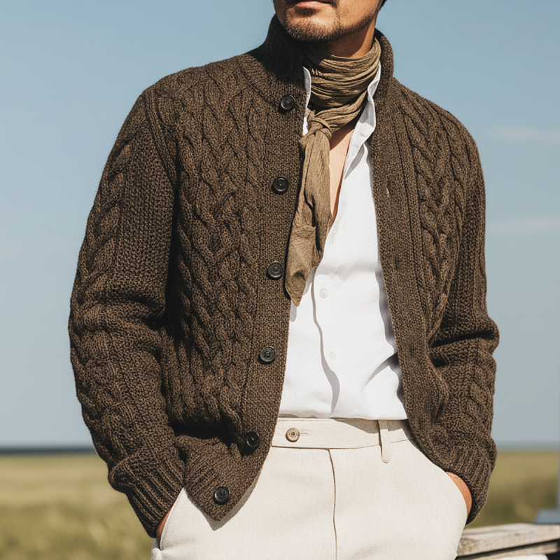 Men's Classic Cable Knit Jacquard Stand Collar Cardigan MTA2273K3U