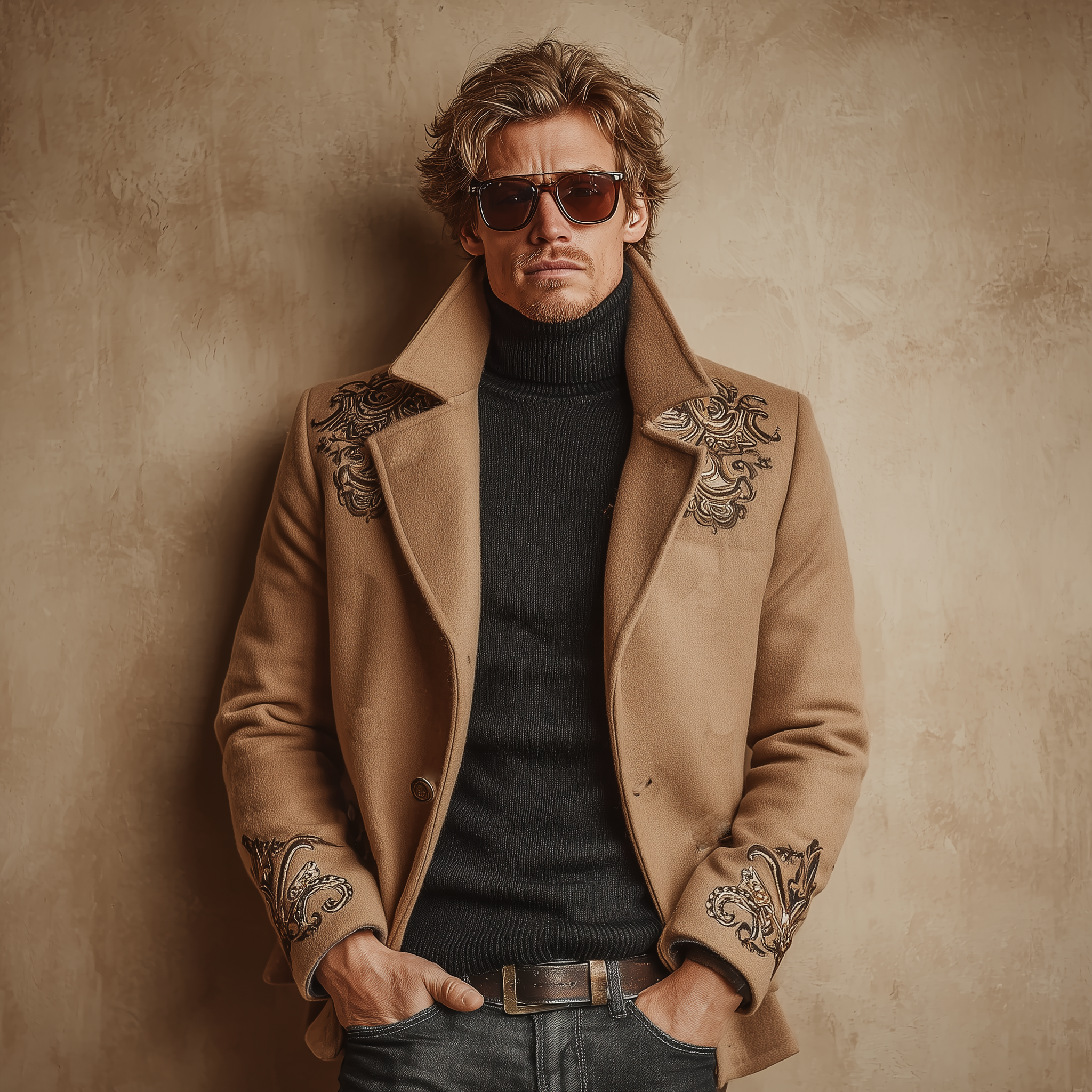 Men's Classic Retro Lapel Embroidered Faux Wool Jacket MTA0663K9K