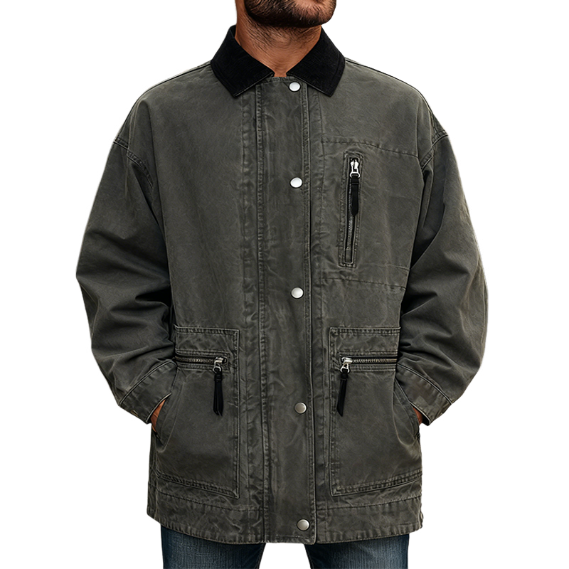 Men's Retro Washed Collar Patchwork Button Mid-Length Coat MTA2127K8X