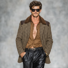 Men's Classic Casual Fleece Lapel PU Leather Single-breasted Faux Houndstooth Wool Coat MTA0496K5K