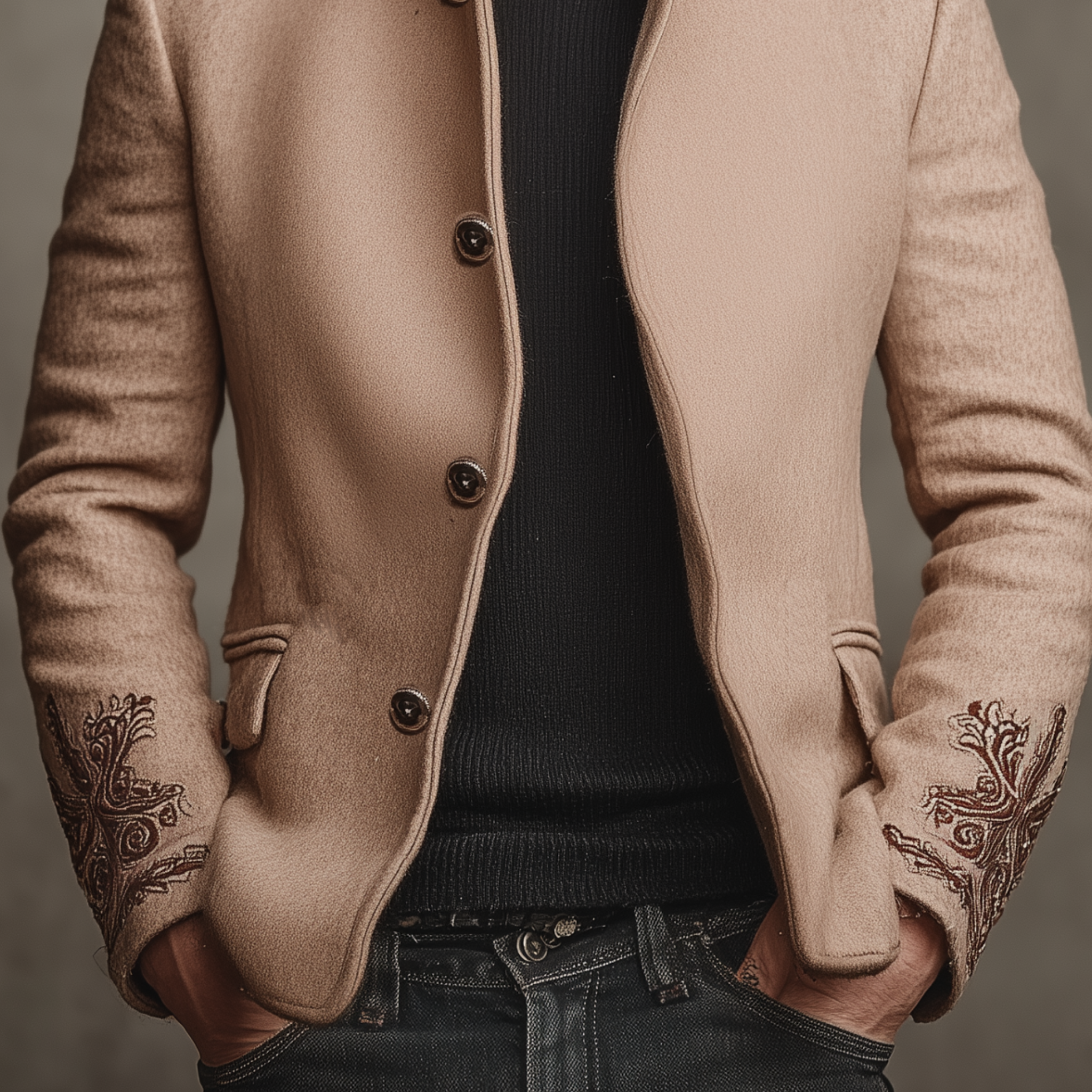 Men's Classic Retro Stand Collar Embroidered Pink Faux Woolen Jacket MTA0664K2K