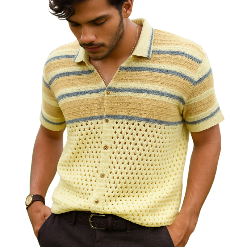 Men's Summer Fashion Colorblock Knitted Short Sleeve Shirt MTA0433F4U