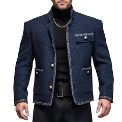 Men's Navy Blue Classic Chanel-Style Stand Collar Jacket MTA1067K3U