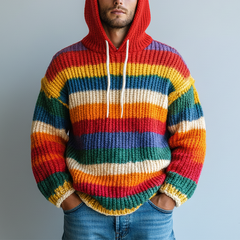 Men's Winter Retro Color-blocked Striped Cotton Hooded Sweater MTA0150K8P