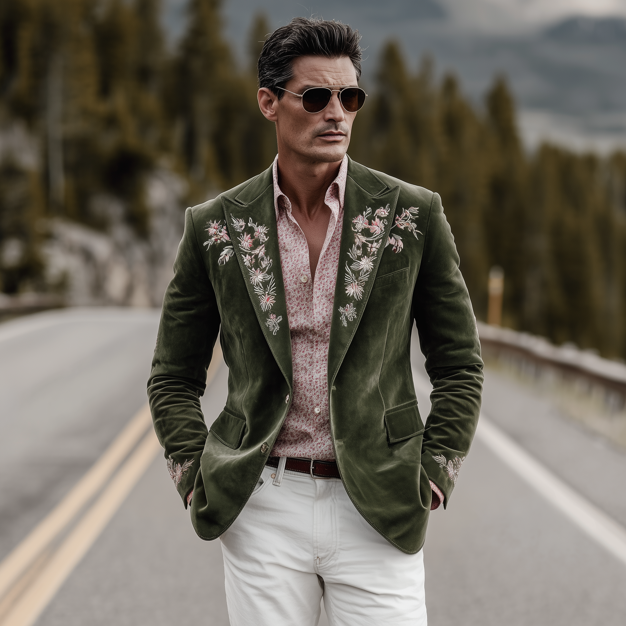 Men's Classic Retro Western Style Suede Embroidered Single-breasted Blazer MTA1278H1K