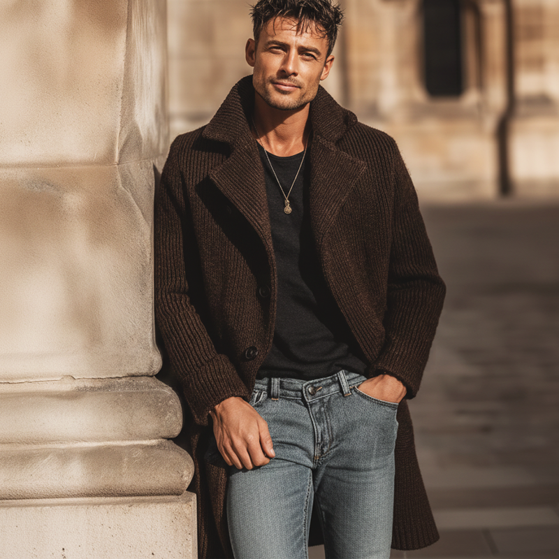 Men's Urban Chocolate-Colored Buttoned Knitted Coat MTA1743K8U