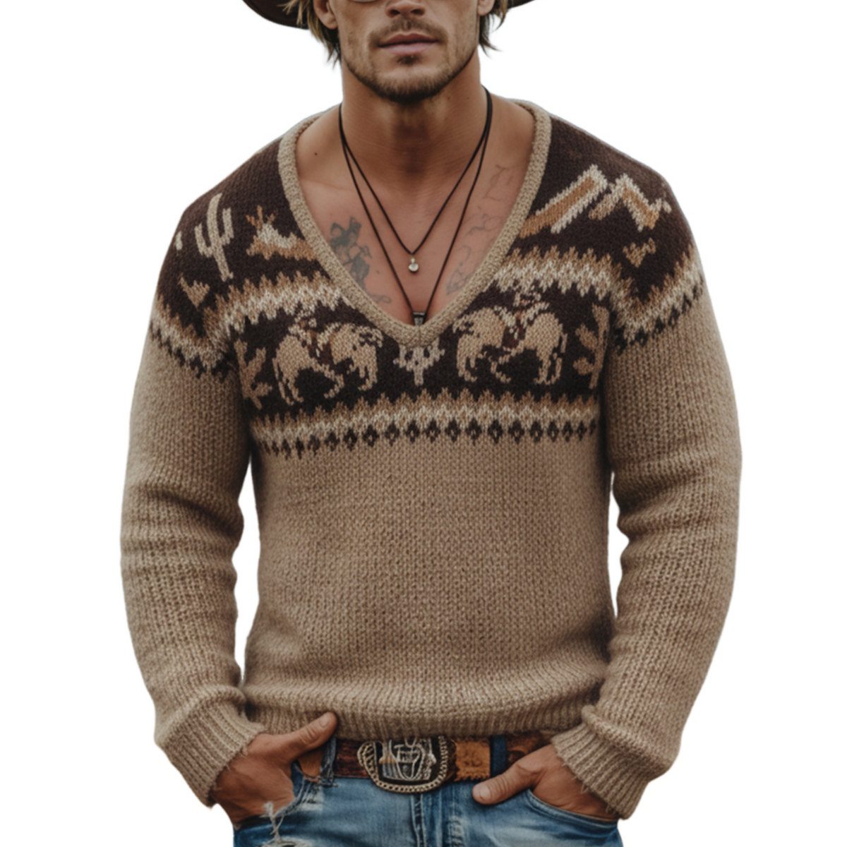 Men's Classic Retro Western Style Jacquard Deep V-neck Sweater MTA3019K1K