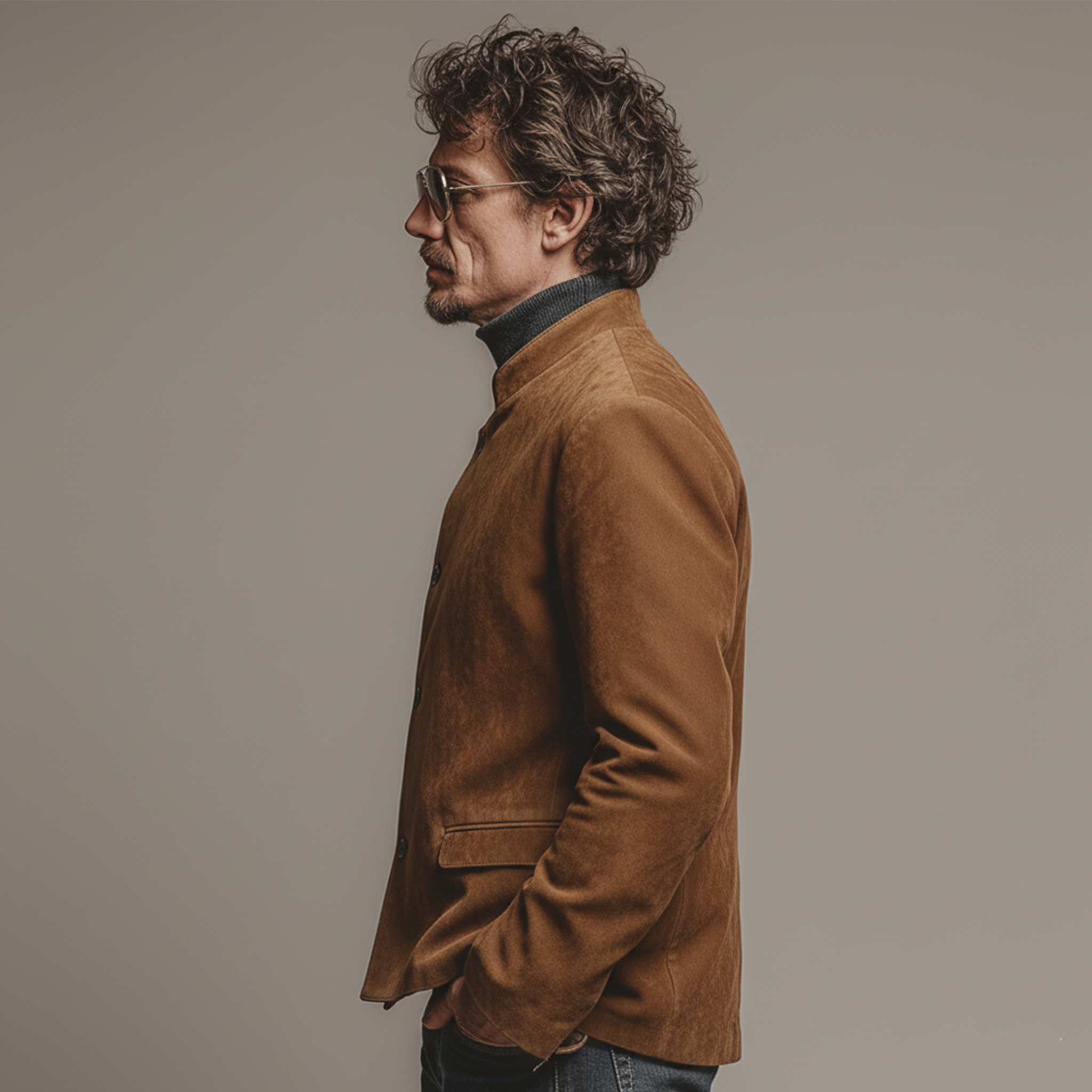 Men's Classic Retro Stand-up Collar Slanted Placket Faux Suede Jacket MTA0840K1K