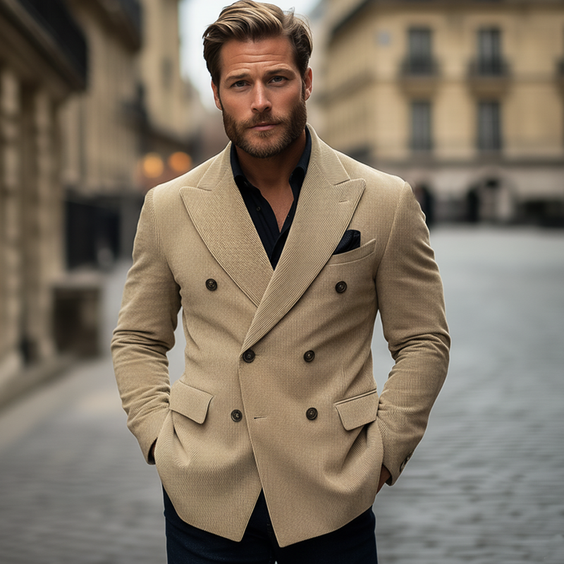 Men's Classic Business Light Khaki Corduroy Double-breasted Double-vent Blazer MTA0495K3U