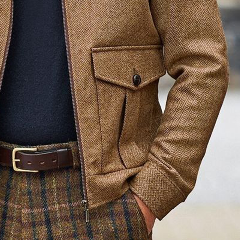 Men's Retro Stand Collar Herringbone Blend Zipper Jacket MTA0437L8X