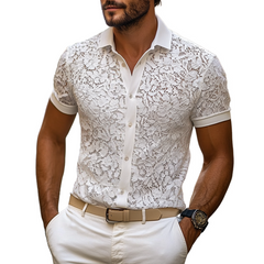 Men's Solid Lace Lapel Short Sleeve Shirt MTA2937E3Z