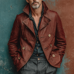 Men's Retro Solid Color Multi-Button Lapel PU Jacket MTA1712K3X