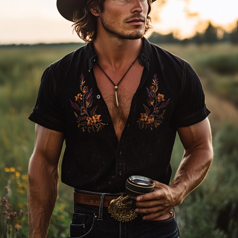 【24-hour shipping out】Men's Vintage Embroidered Lapel Short Sleeve Shirt MTA2889D1X