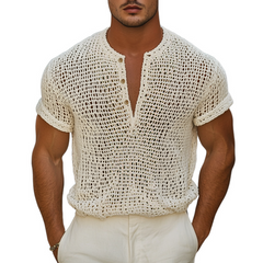 Men's Solid Knit Hollow Henley Collar Short Sleeve T-shirt MTA1643F1Z