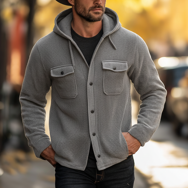 Men's Simple Knit Ribbed Hooded Button-Up Shirt MTA0587K3P
