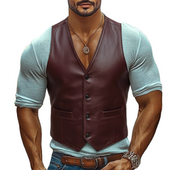 Men's Solid Color Retro V-neck PU Vest MTA0443L3X