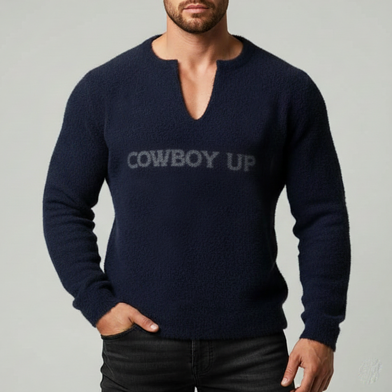 Men's Urban Style Navy Blue V-neck Slim-fit Knitted Sweater MTA0462L4U
