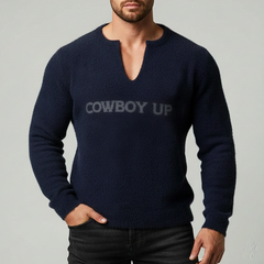 Men's Urban Style Navy Blue V-neck Slim-fit Knitted Sweater MTA0462L4U