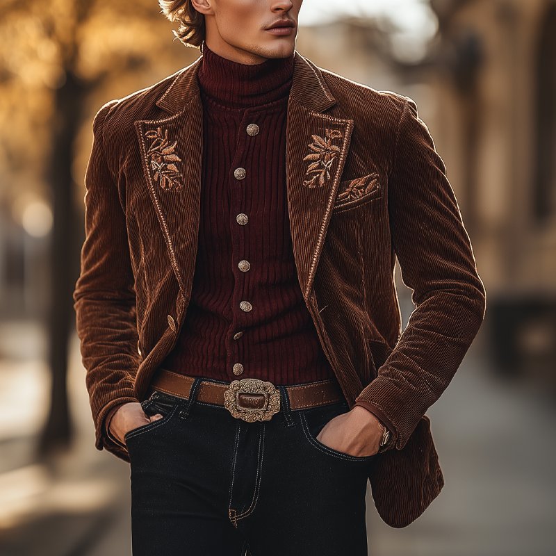 Men's Winter Retro Embroidered Corduroy Button Jacket MTA2119K8P