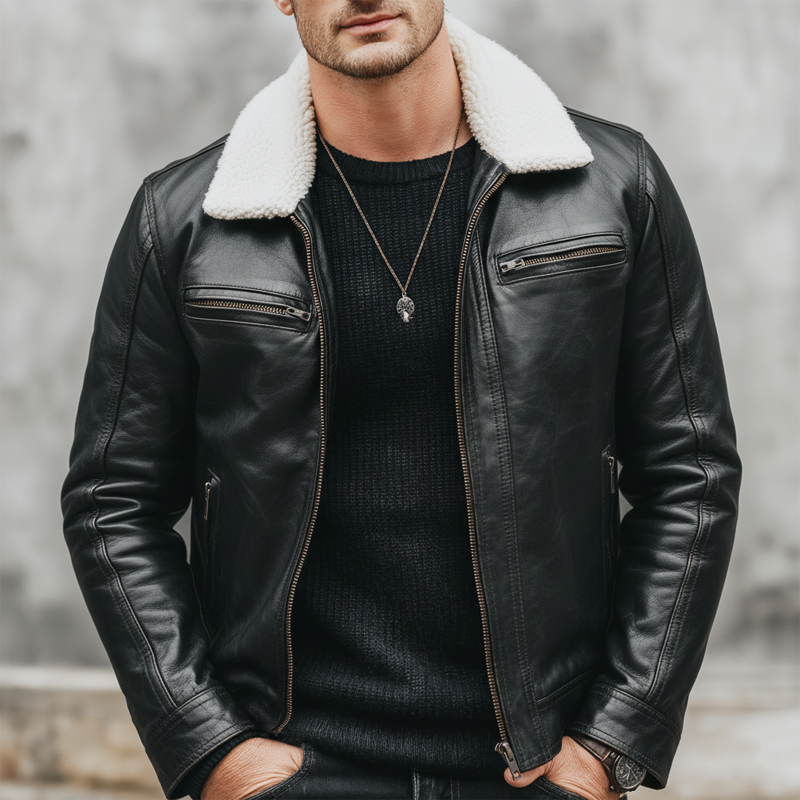 Men's Urban Fur Collar Zipper Black PU Leather Jacket MTA1870K2U