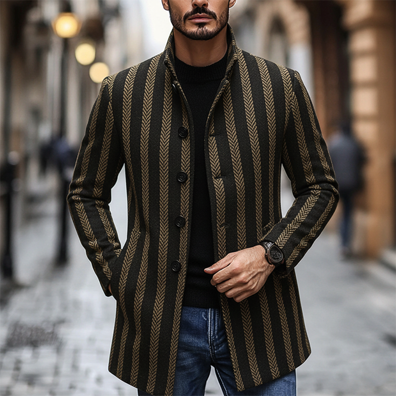 Men's Blended Stand-up Collar Striped Printed Button Mid-length Coat MTA0100K5X