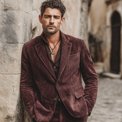 Men's Classic Burgundy Cotton Blend Two-button Single-vent Blazer MTA0650K3U