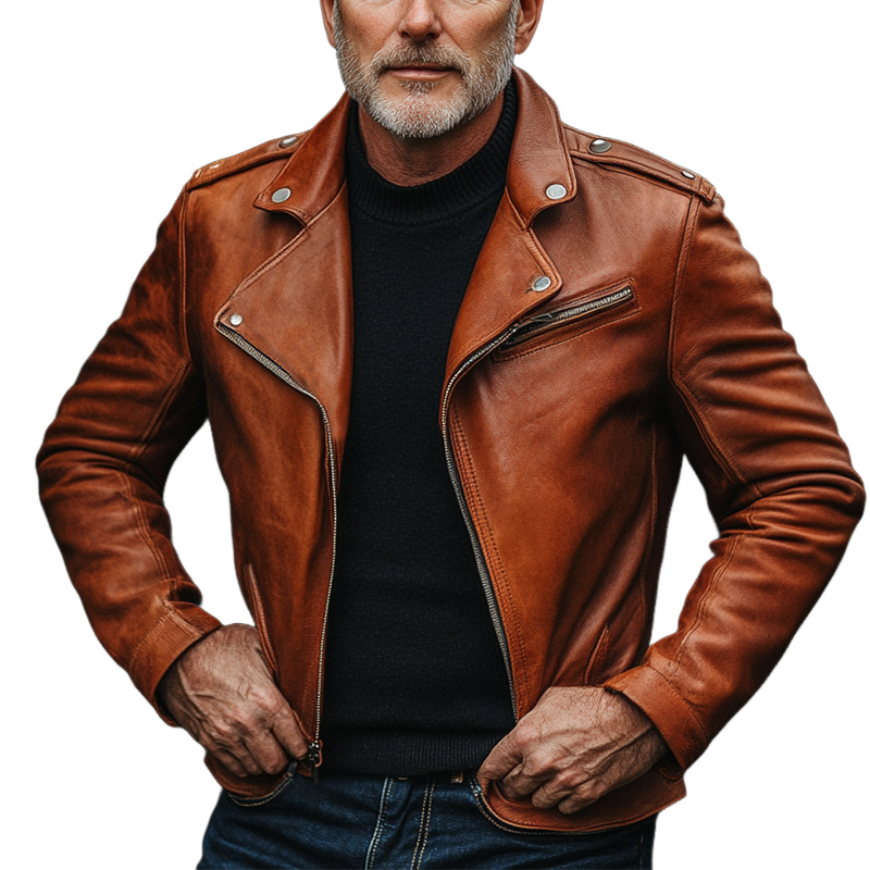 Men's Solid Color Lapel Zipper PU Motorcycle Jacket MTA0465L2X