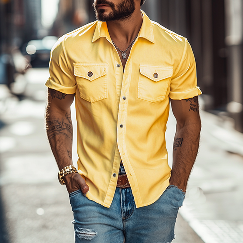 【24-hour shipping out】Men's Classic Casual Solid Color Slim Fit Multi-Pocket Polyester Cotton Short Sleeve Shirt 39582391K