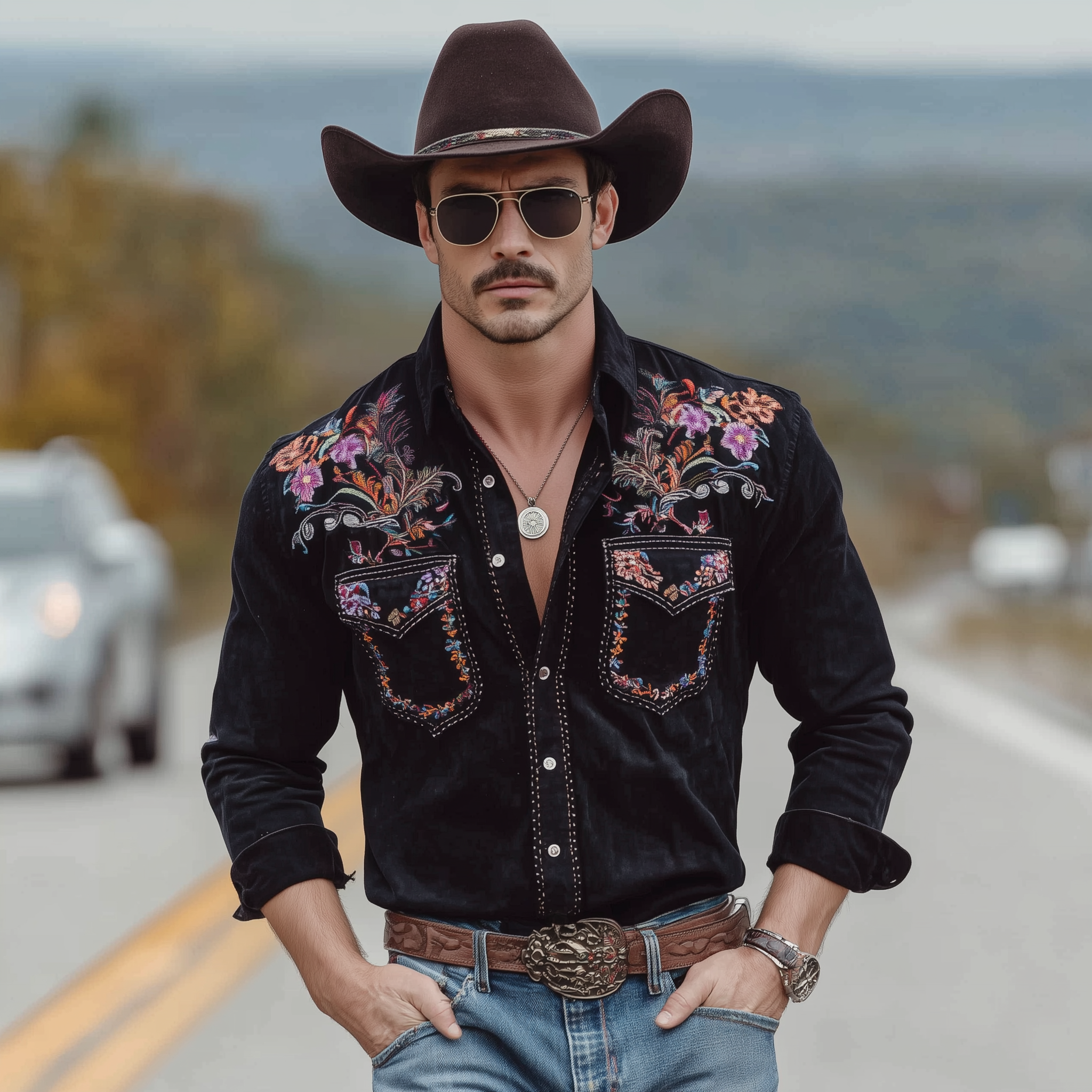 Men's Classic Retro Western Style Embroidered Faux Suede Long-sleeved Shirt MTA0118L6K