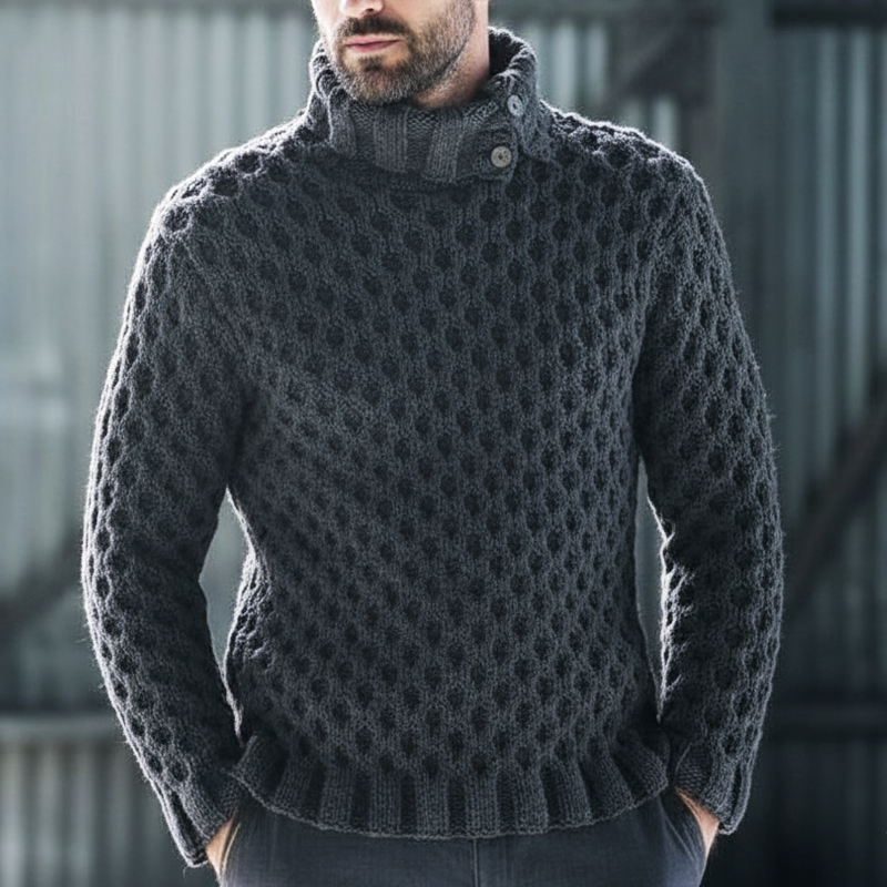 Men's Retro Round Hole Textured Stand Collar Slim Fit Knit Sweater MTA1144K9U