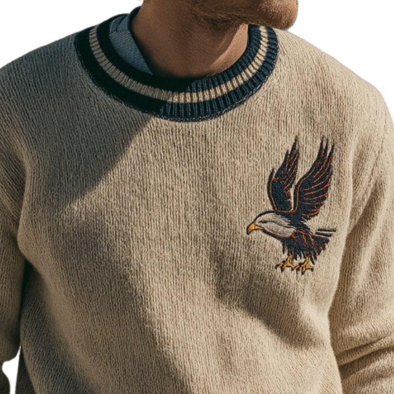 Men's Retro Casual Knitted Eagle Embroidery Crew Neck Sweater MTA0176L4TO