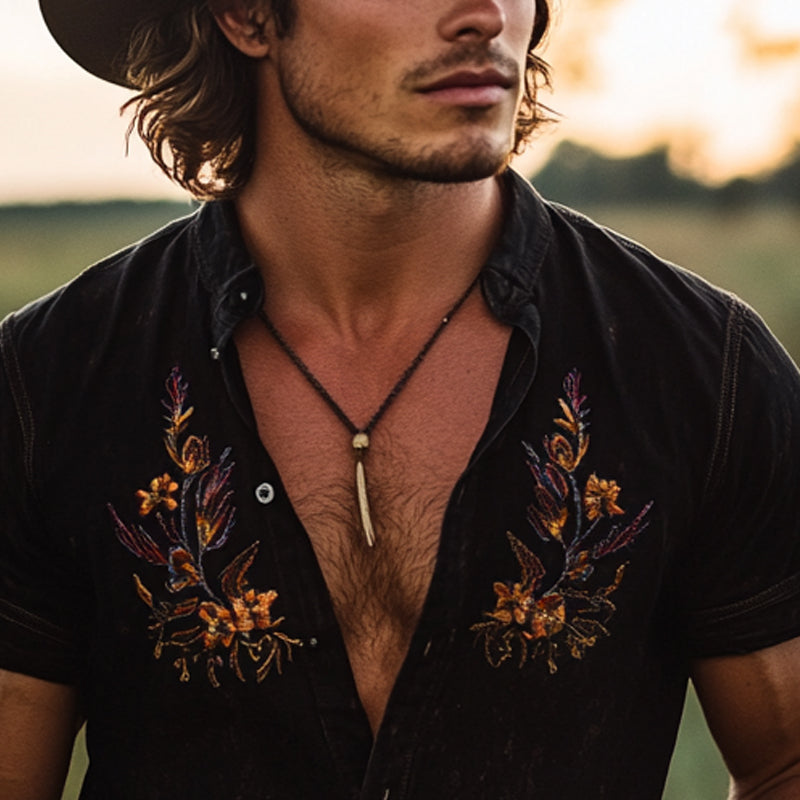 【24-hour shipping out】Men's Vintage Embroidered Lapel Short Sleeve Shirt MTA2889D1X