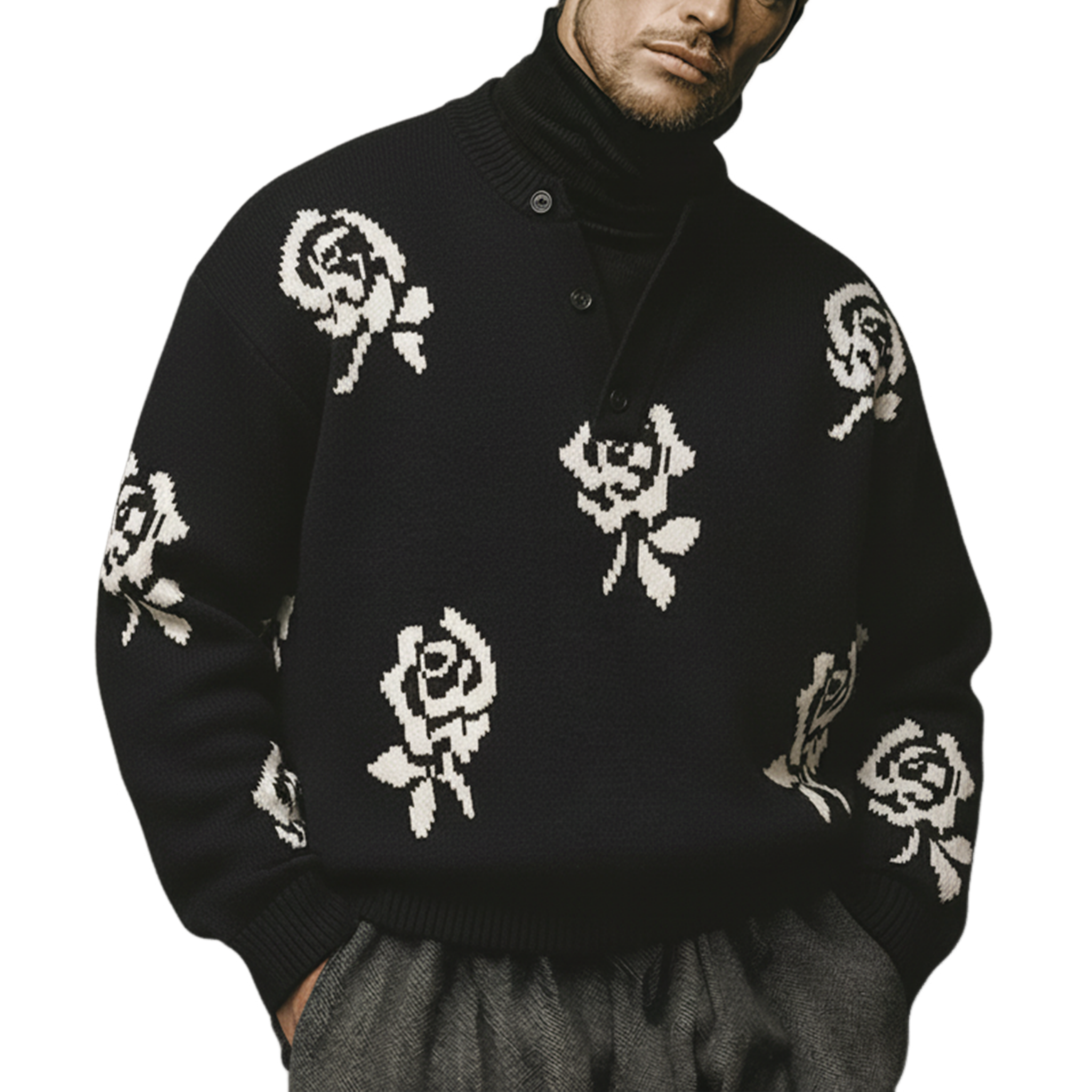 Men's Classic Old-money Style Henley Collar Rose Jacquard Loose Sweater MTA0642K3K