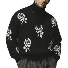 Men's Classic Old-money Style Henley Collar Rose Jacquard Loose Sweater MTA0642K3K